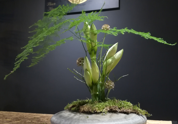 Moderne bloemencompositie zen in vaas met asparagus